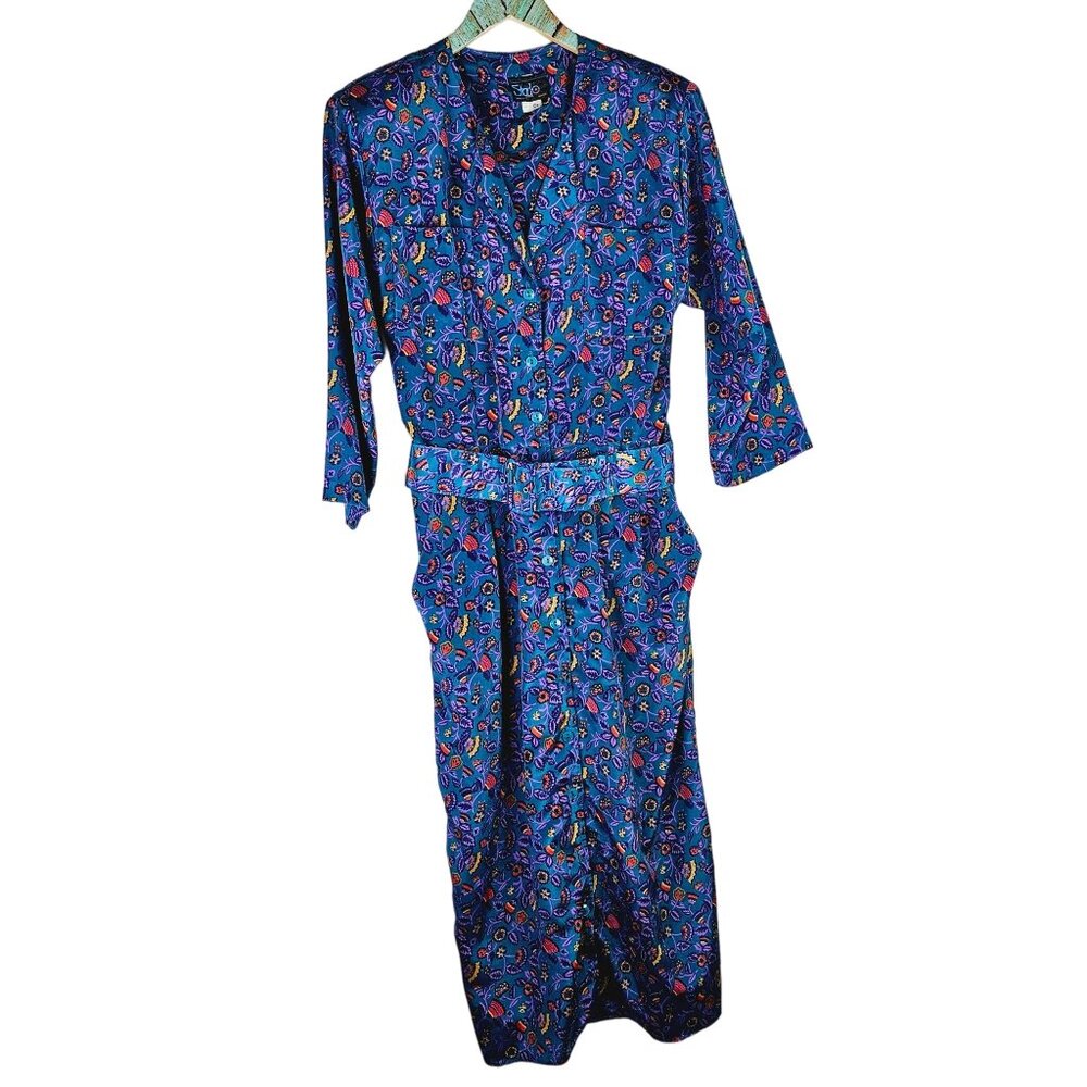 Vtg 1980's Starlo Women's Button Front Midi Belted Floral Dress w/ Pockets Sz 12 - Picture 1 of 10